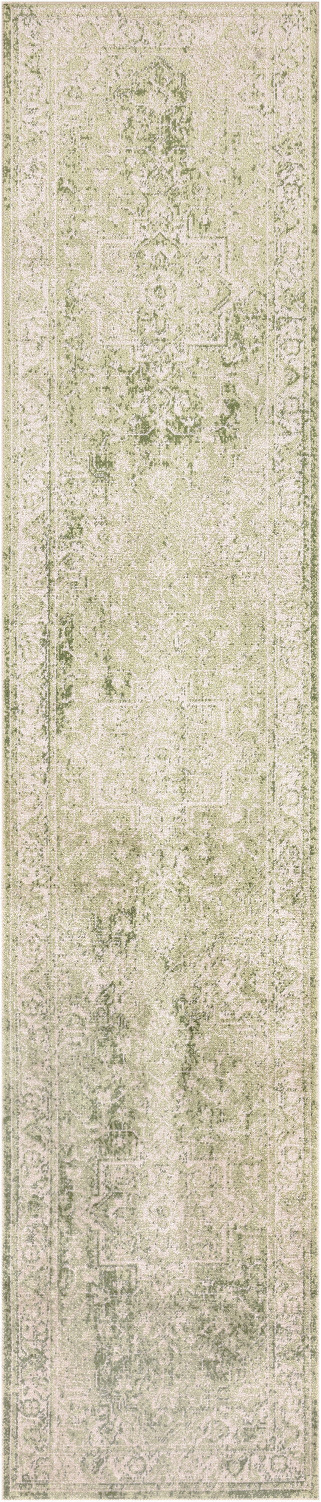 Distressed vintage-style area rug in cream, beige and pale sage with a faded central medallion and ornate border.