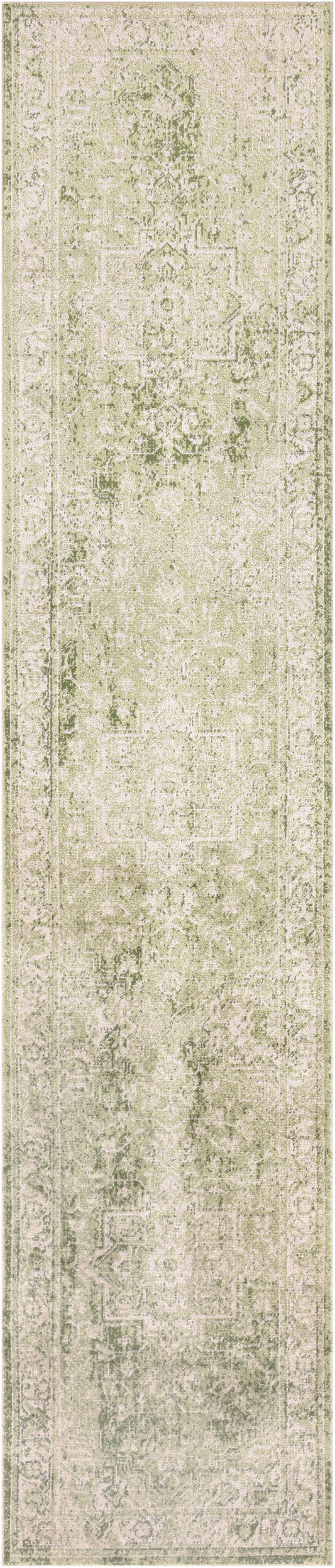 Distressed vintage-style area rug in cream, beige and pale sage with a faded central medallion and ornate border.