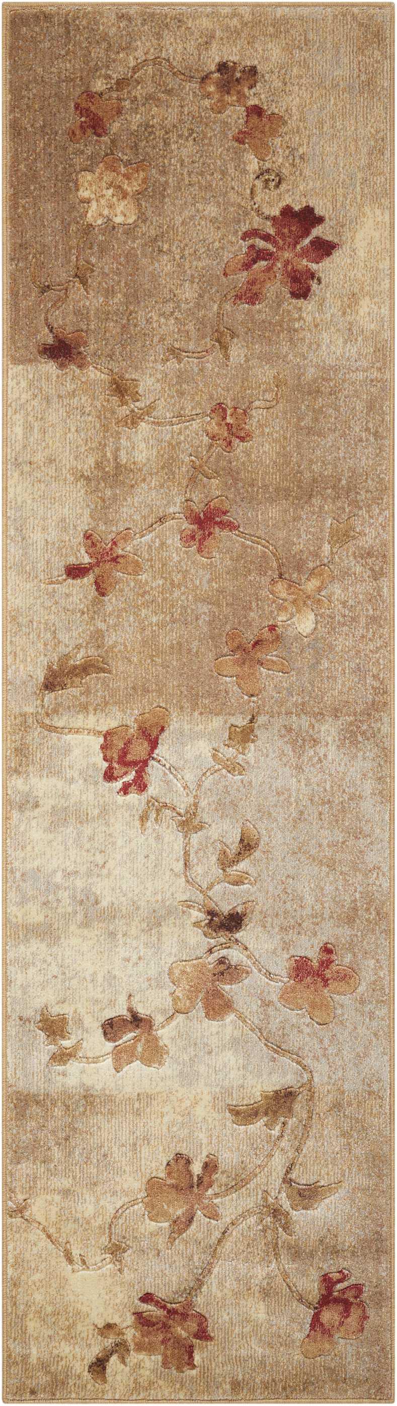 Long beige runner rug with a muted red-brown floral vine pattern and subtle distressed texture.