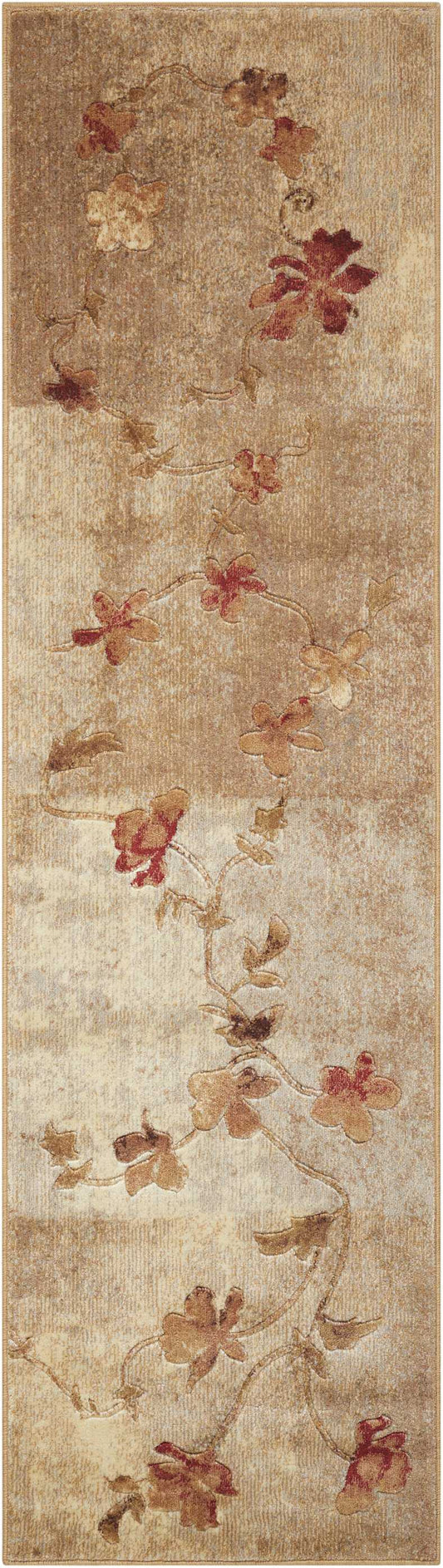 Long beige runner rug with a muted red-brown floral vine pattern and subtle distressed texture.