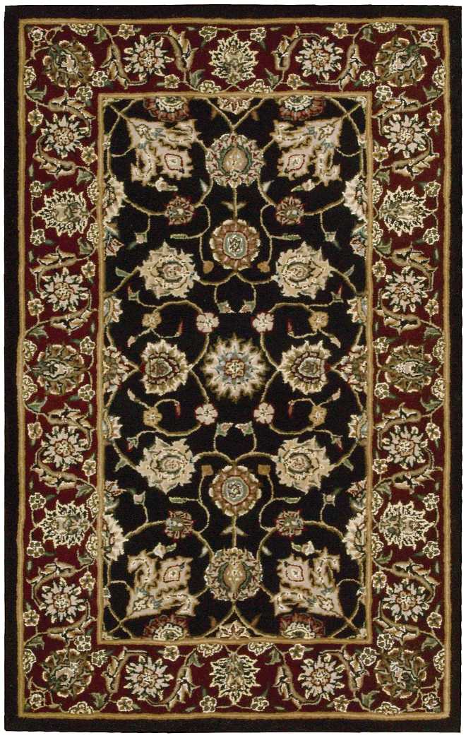 Persian-inspired area rug: black central field with ivory floral medallions and gold accents, burgundy border with cream flowers.