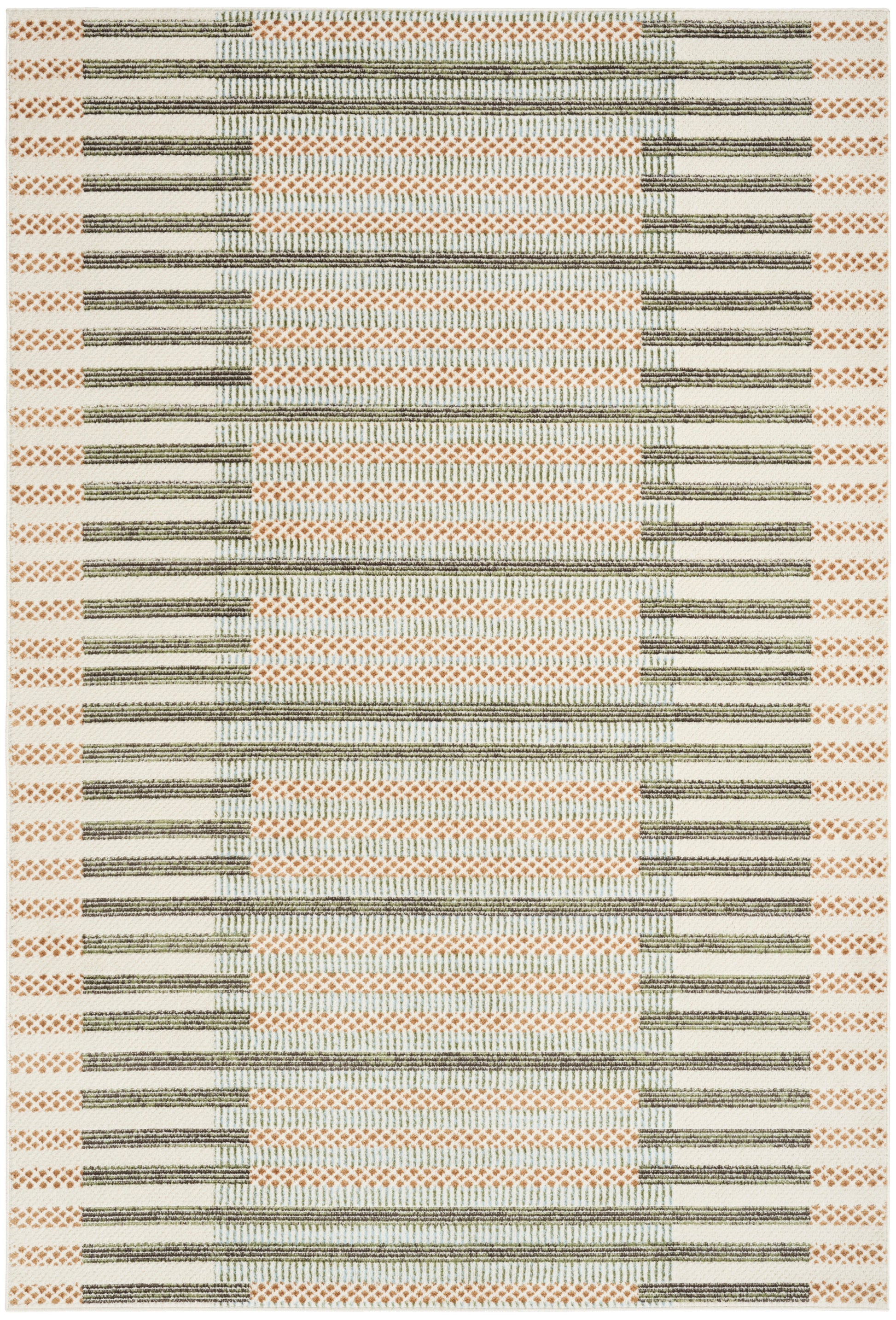 Rectangular woven rug with cream background, peach diamond lattice accents, and olive-gray horizontal stripes.