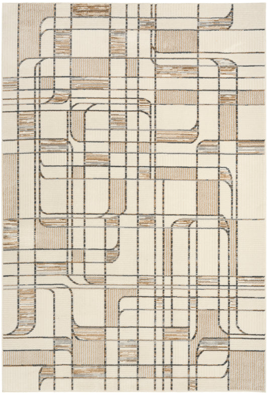 Rectangular abstract rug with cream background, tan and dark grid-like lines in a geometric pattern.