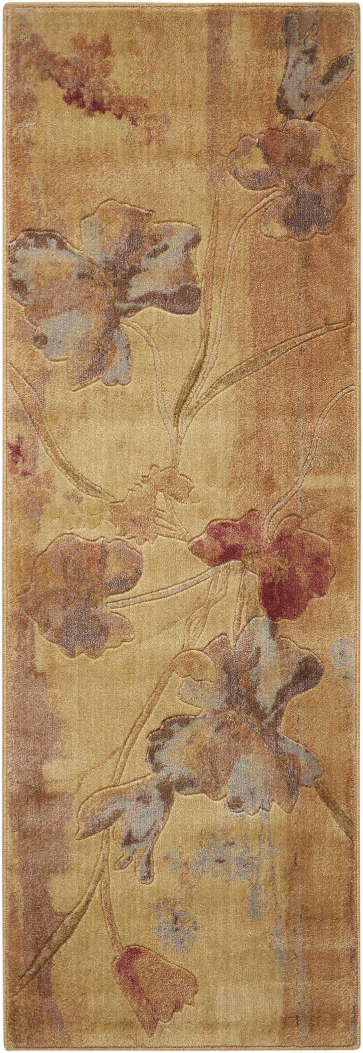 Long beige-gold floral runner rug with faded blue and burgundy blossoms and curling vines.