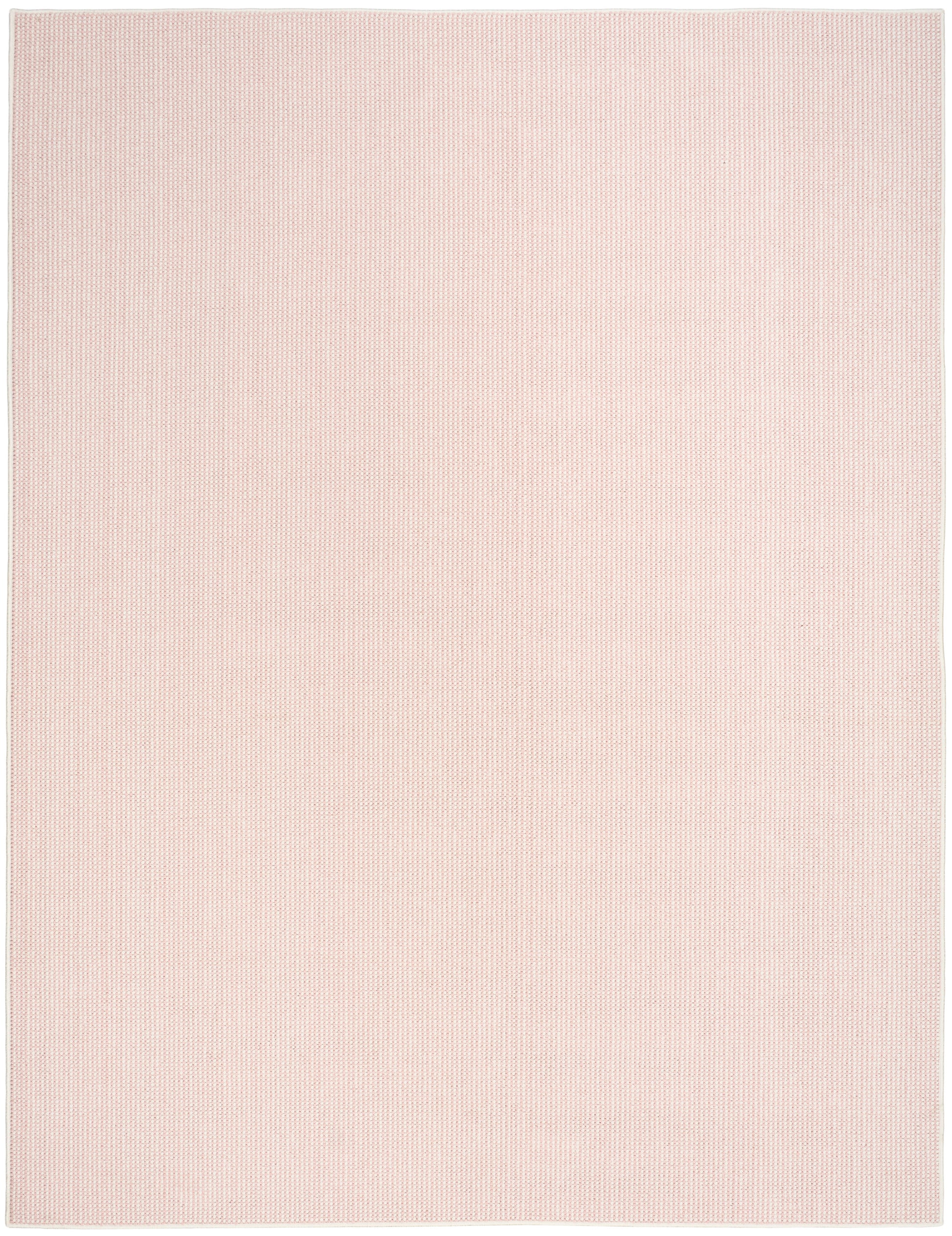 Soft pink rectangular rug with a fine grid-weave texture for cozy farmhouse-style home decor.