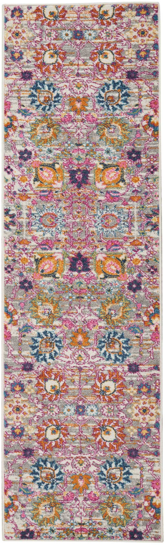 Colorful floral patterned rectangular runner rug with pink, orange, teal & blue accents on a light cream base.
