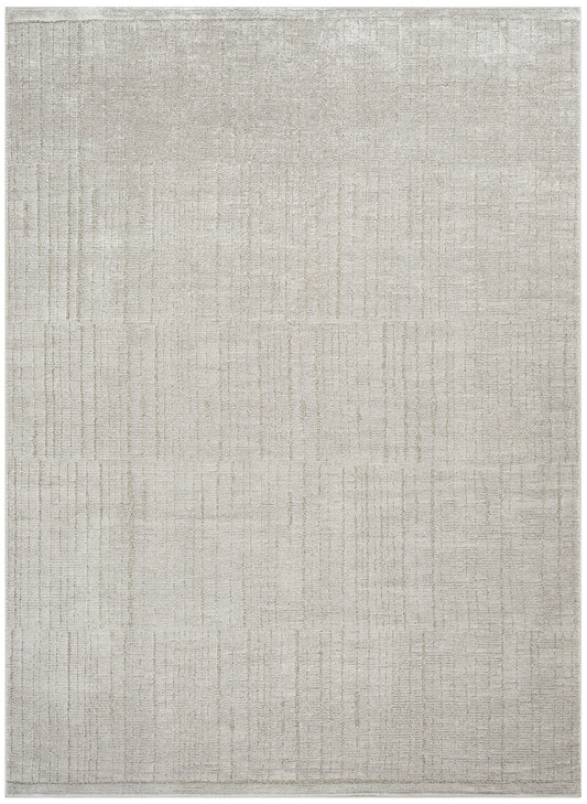 Light gray woven area rug with subtle grid pattern and soft textured surface; Scandinavian-style living-room rug, 9' x 12'.