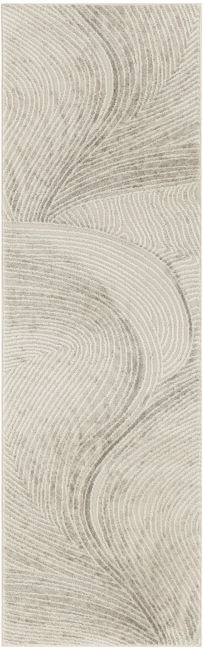 Vertical beige pattern on a rug runner with flowing, concentric curved lines; textile-style swirls in soft cream tones.