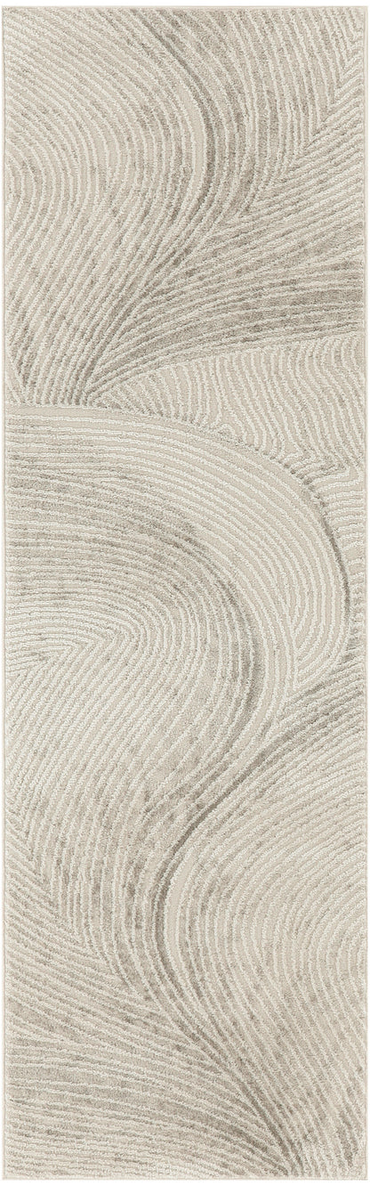 Vertical beige pattern on a rug runner with flowing, concentric curved lines; textile-style swirls in soft cream tones.