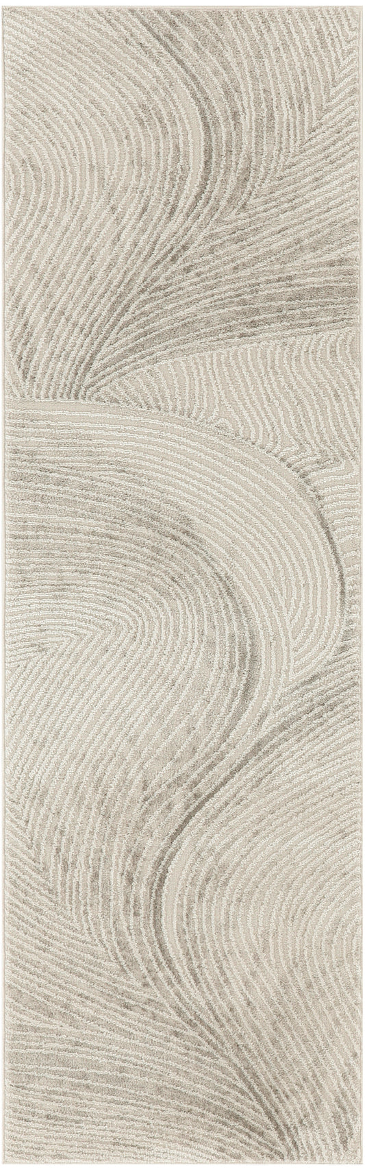 Vertical beige pattern on a rug runner with flowing, concentric curved lines; textile-style swirls in soft cream tones.