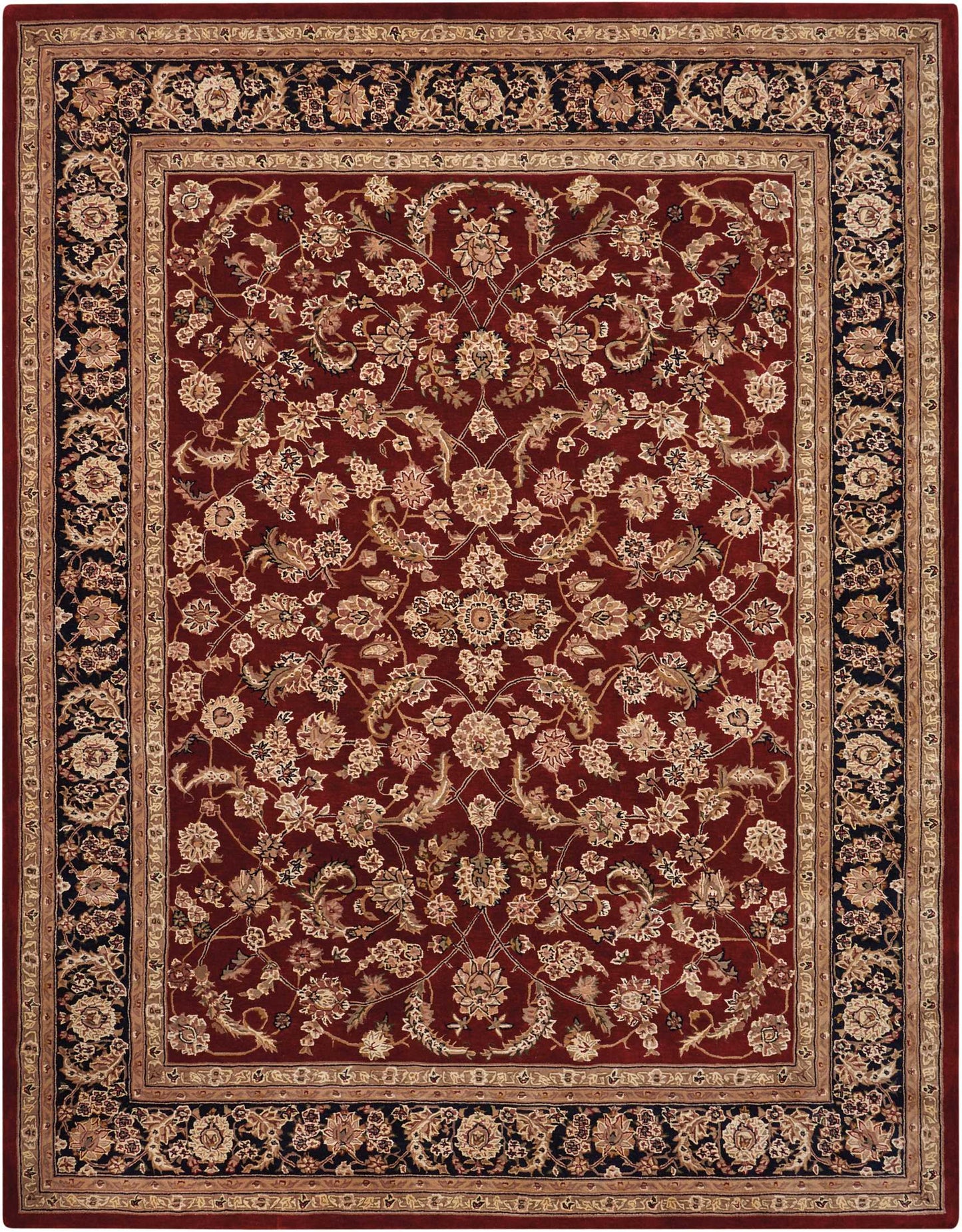 Rectangular Persian-style rug with deep red field, cream-gold floral vines and multi-layered beige borders.