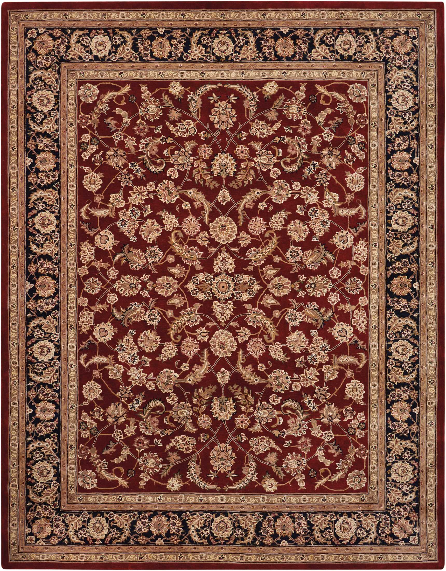 Rectangular Persian-style rug with deep red field, cream-gold floral vines and multi-layered beige borders.