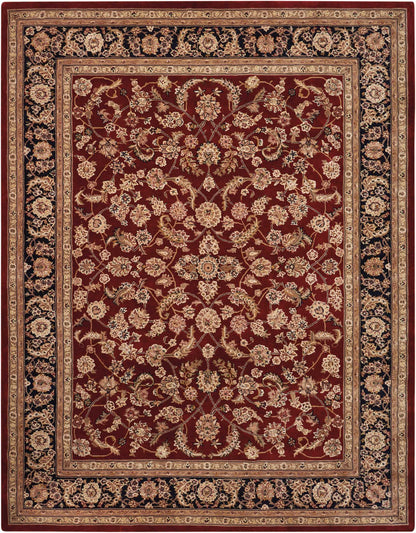 Rectangular Persian-style rug with deep red field, cream-gold floral vines and multi-layered beige borders.