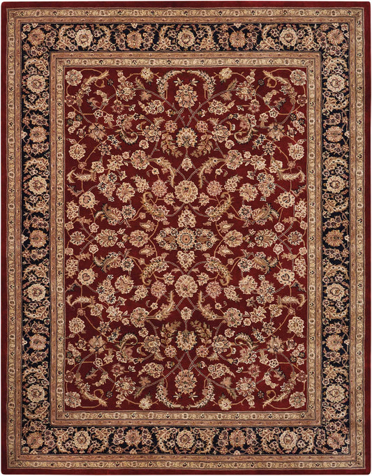 Rectangular Persian-style rug with deep red field, cream-gold floral vines and multi-layered beige borders.