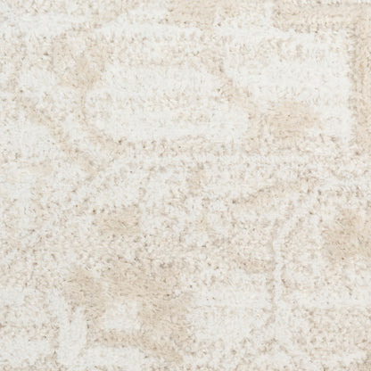 Cream shag rug with plush, high-pile texture and subtle abstract beige pattern.