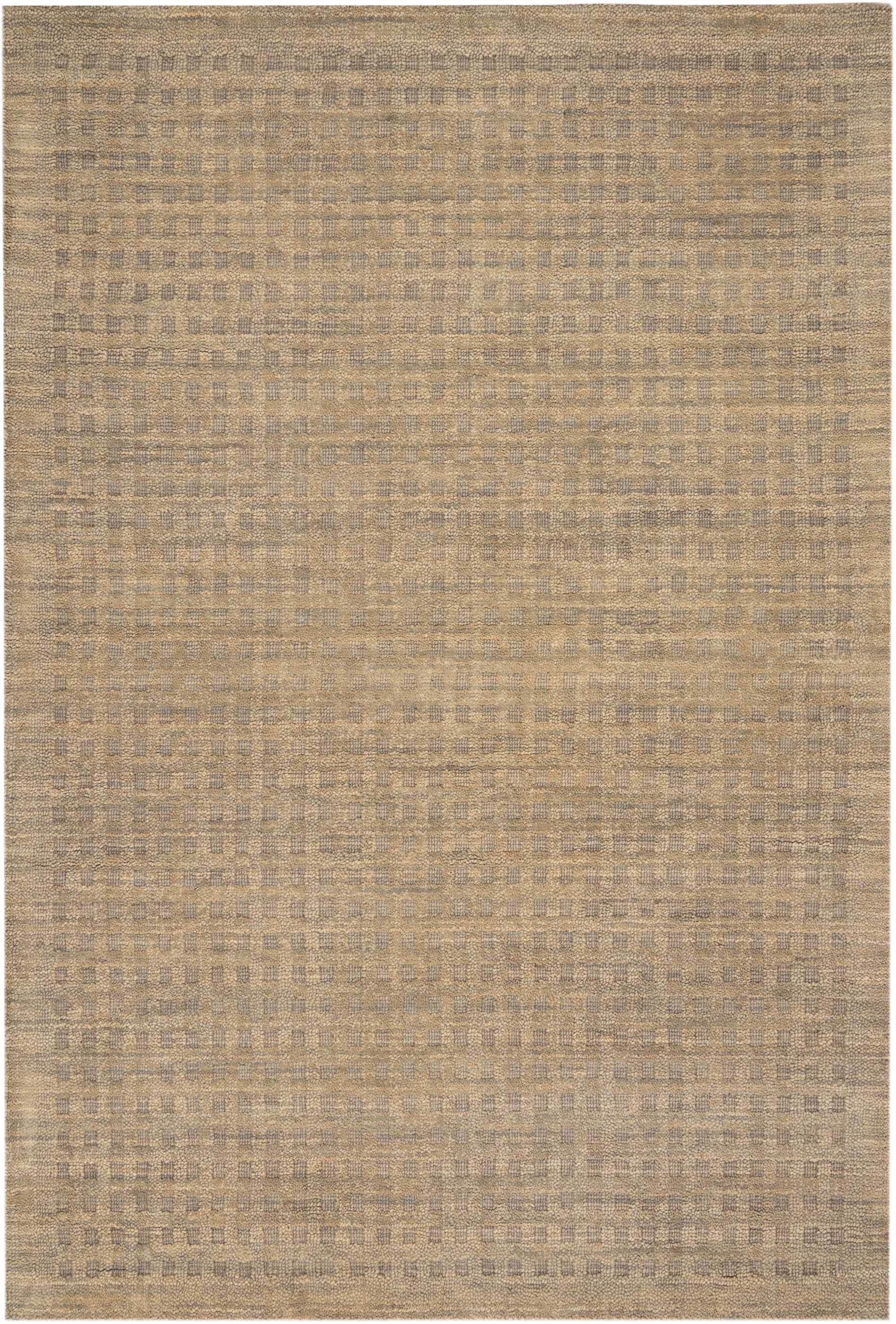 Beige flatwoven rug with subtle taupe grid pattern; neutral, distressed look for living room or bedroom.
