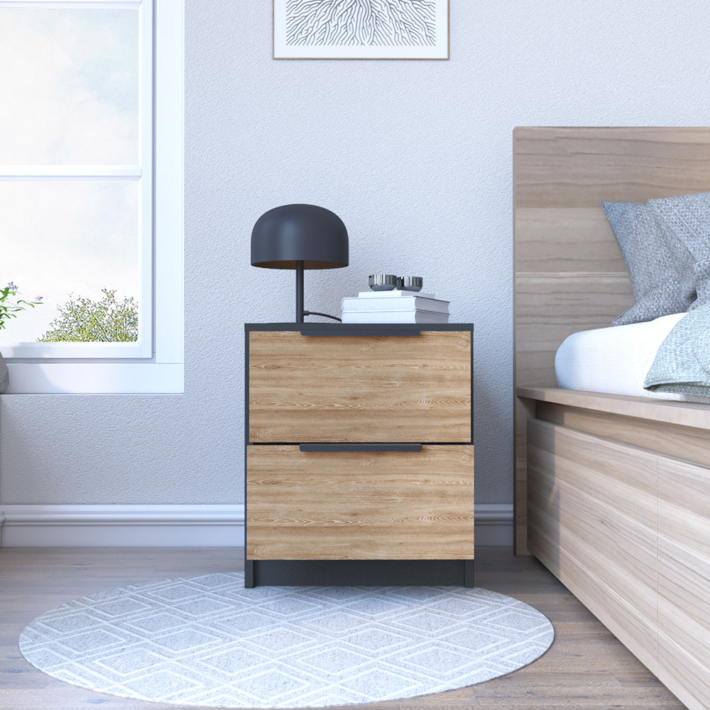 Nightstand with Two Drawers - Black and Pine Finish