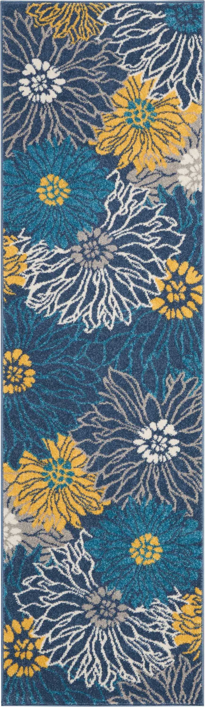 Navy blue floral runner rug featuring large white, teal, gray and yellow blooms.