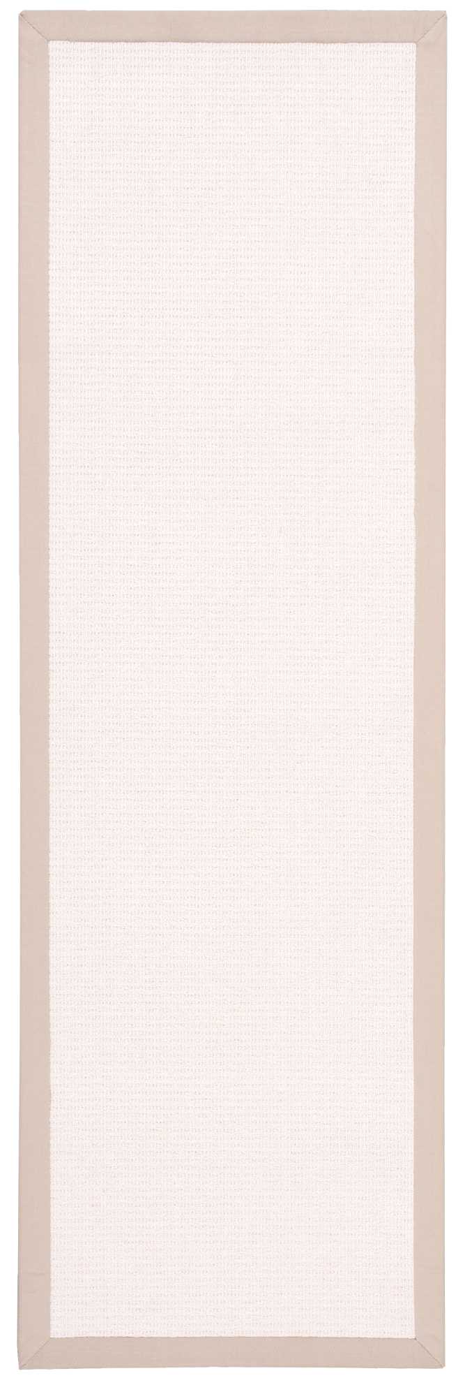 Long beige framed white woven tapestry panel; taupe border, minimalist wall hanging or runner rug.