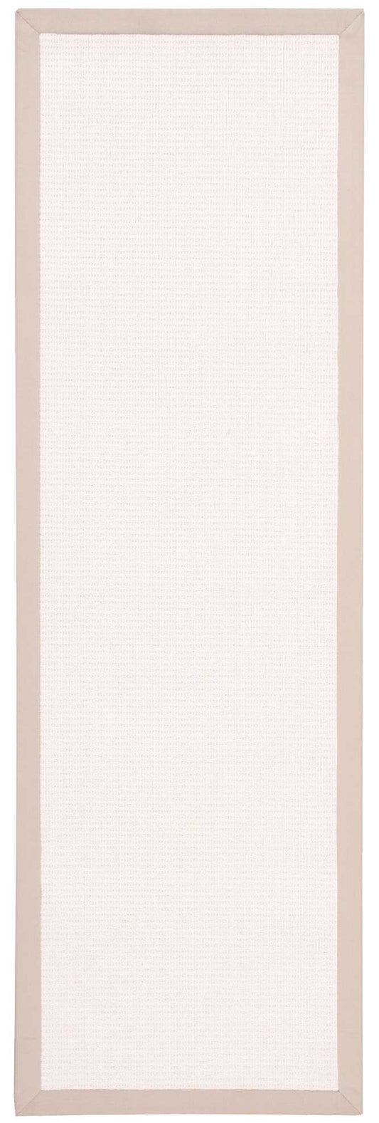Long beige framed white woven tapestry panel; taupe border, minimalist wall hanging or runner rug.