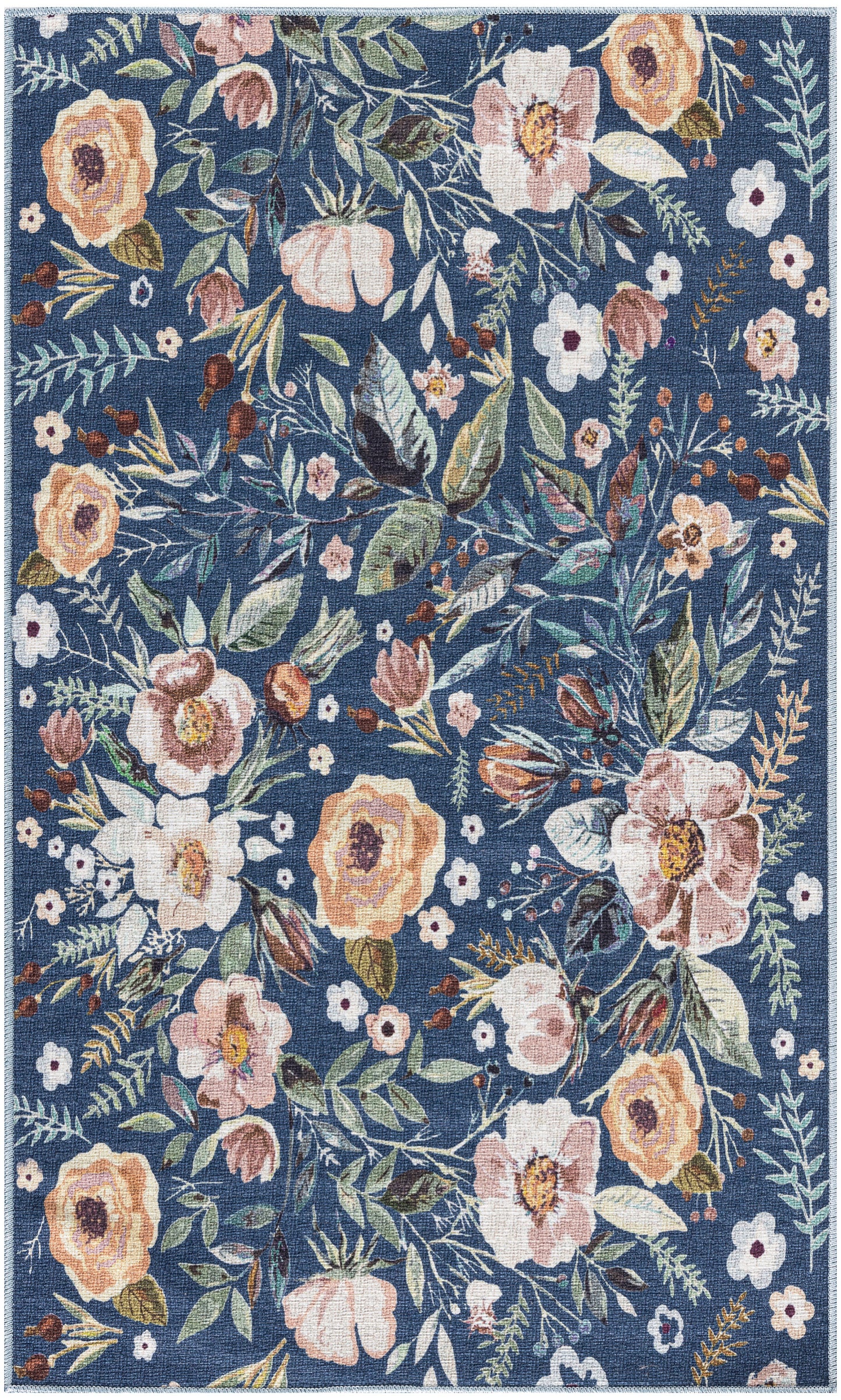 Blue background floral area rug with peach, pink and white blossoms and green leaves in a dense botanical pattern.