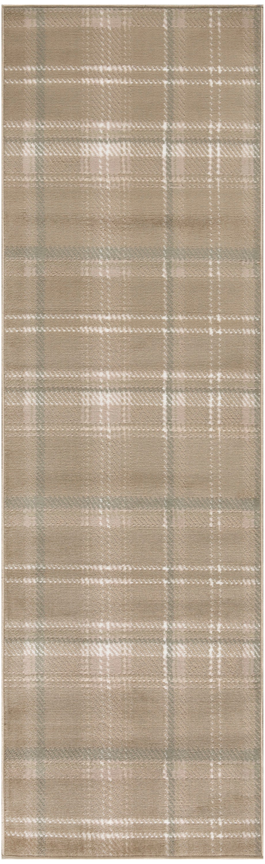 Beige plaid runner rug with white grid lines; rectangular, 8 ft long.