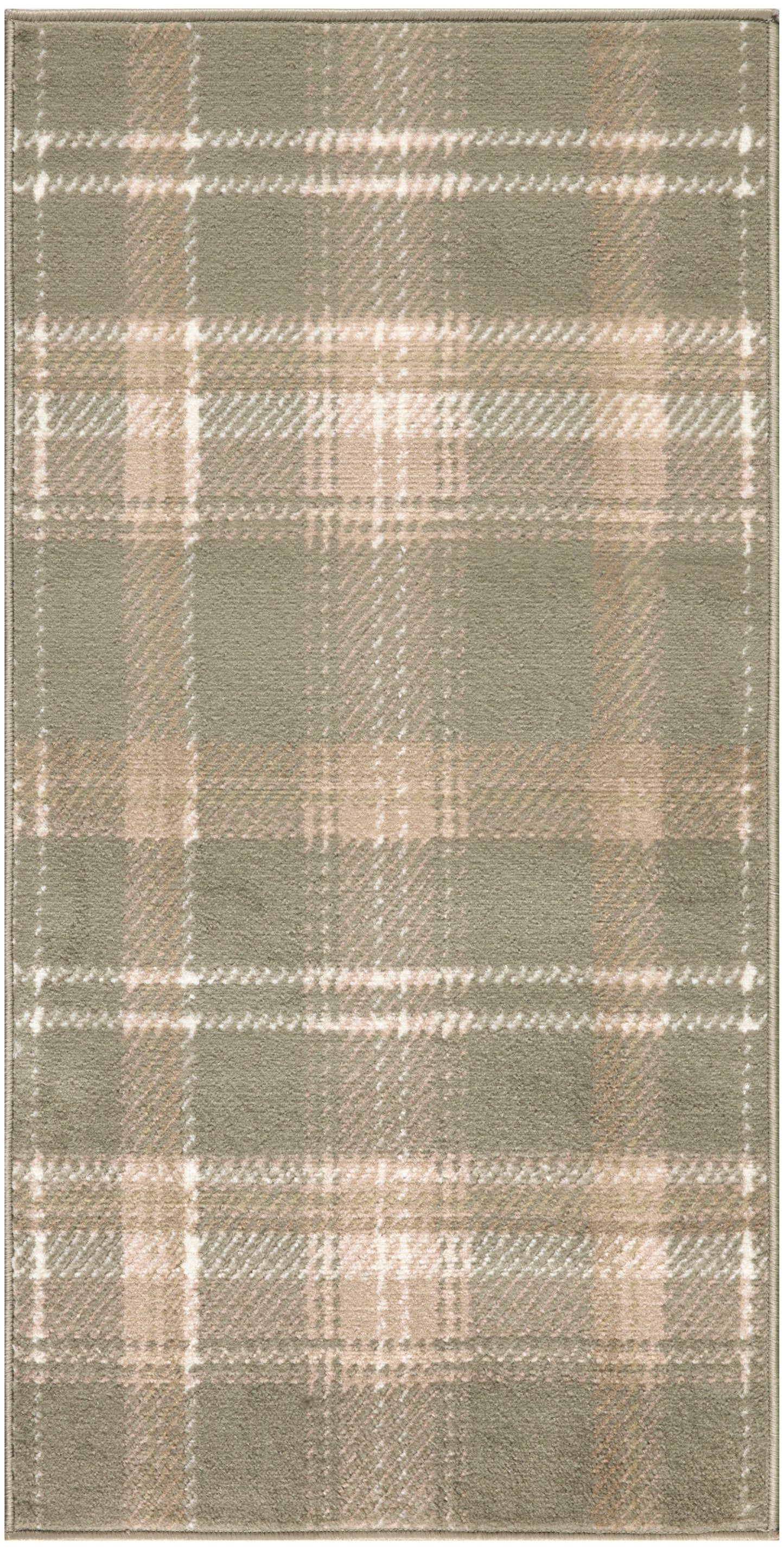 Rectangular taupe plaid rug with beige lines; soft wool-like pile with stitched edge, 3' x 5'.