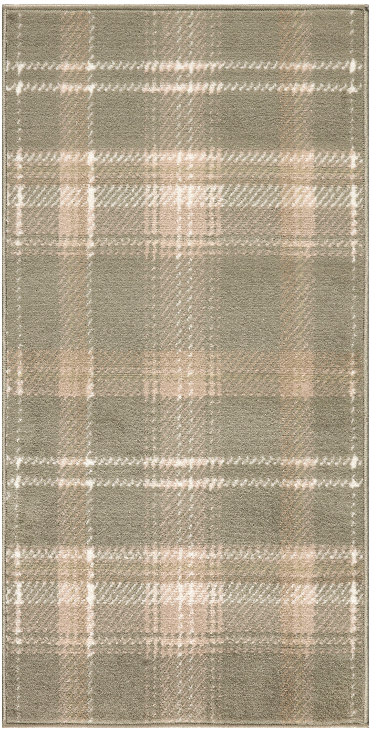 Rectangular taupe plaid rug with beige lines; soft wool-like pile with stitched edge, 3' x 5'.