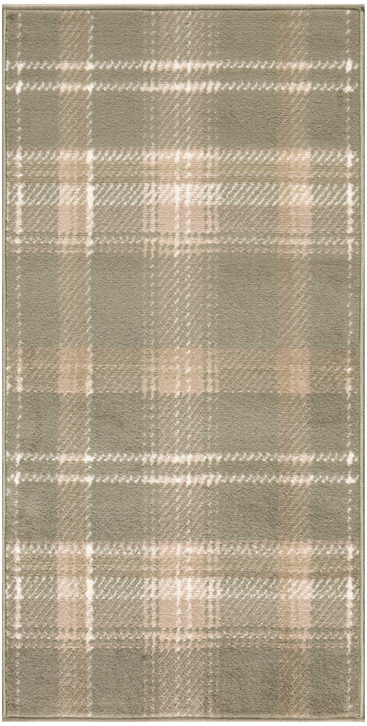 Rectangular taupe plaid rug with beige lines; soft wool-like pile with stitched edge, 3' x 5'.