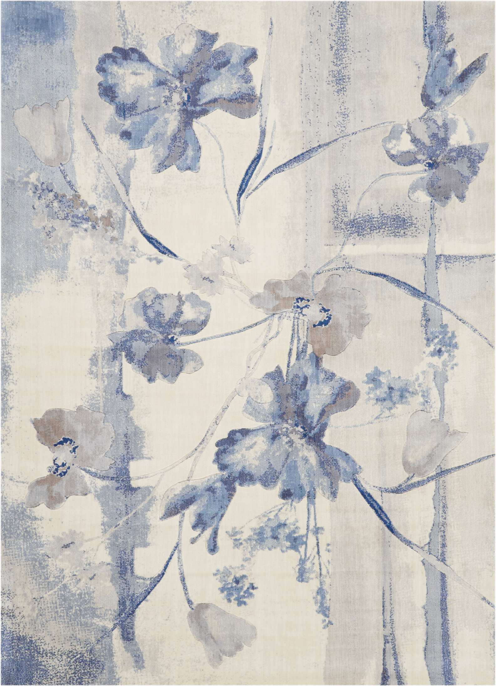 Blue floral pattern rug with watercolor-style blossoms on cream background, rectangular decorative floor covering.