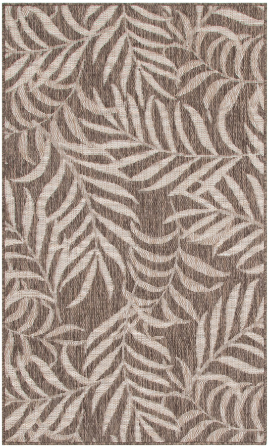 Beige and brown leaf-patterned area rug with a woven texture; tropical palm leaf design, 3' x 5', for living room decor.