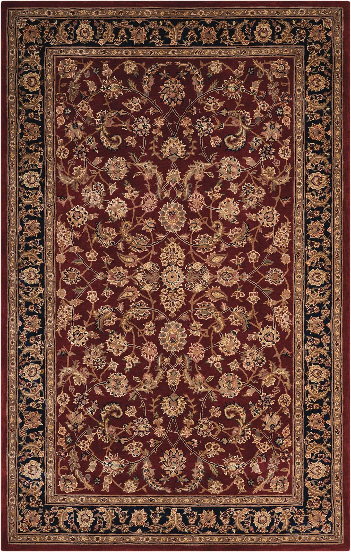 Persian-style deep red rug with ivory-gold floral vines and a navy border; traditional decorative area rug.