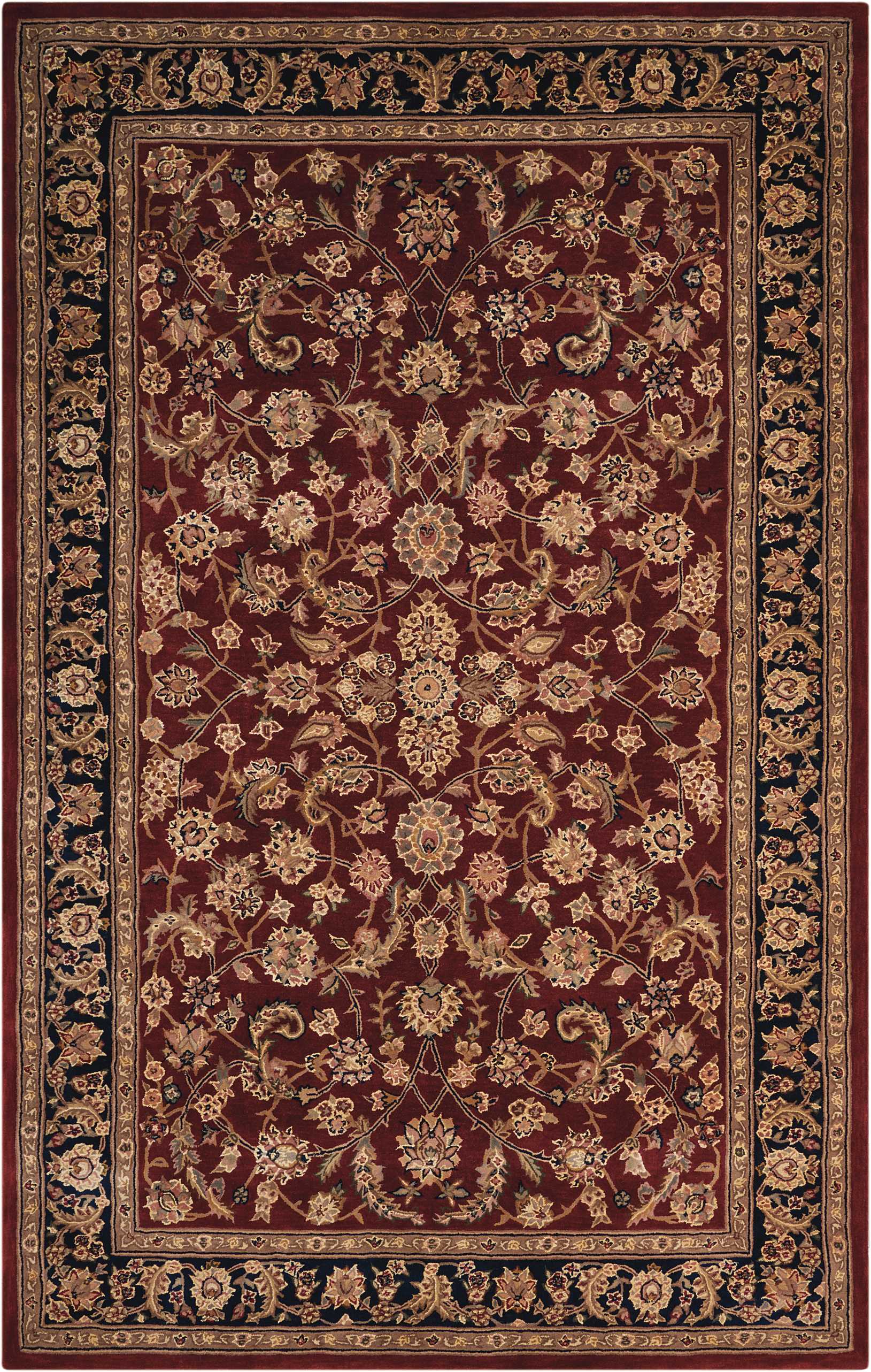 Persian-style deep red rug with ivory-gold floral vines and a navy border; traditional decorative area rug.