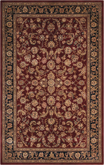 Persian-style deep red rug with ivory-gold floral vines and a navy border; traditional decorative area rug.