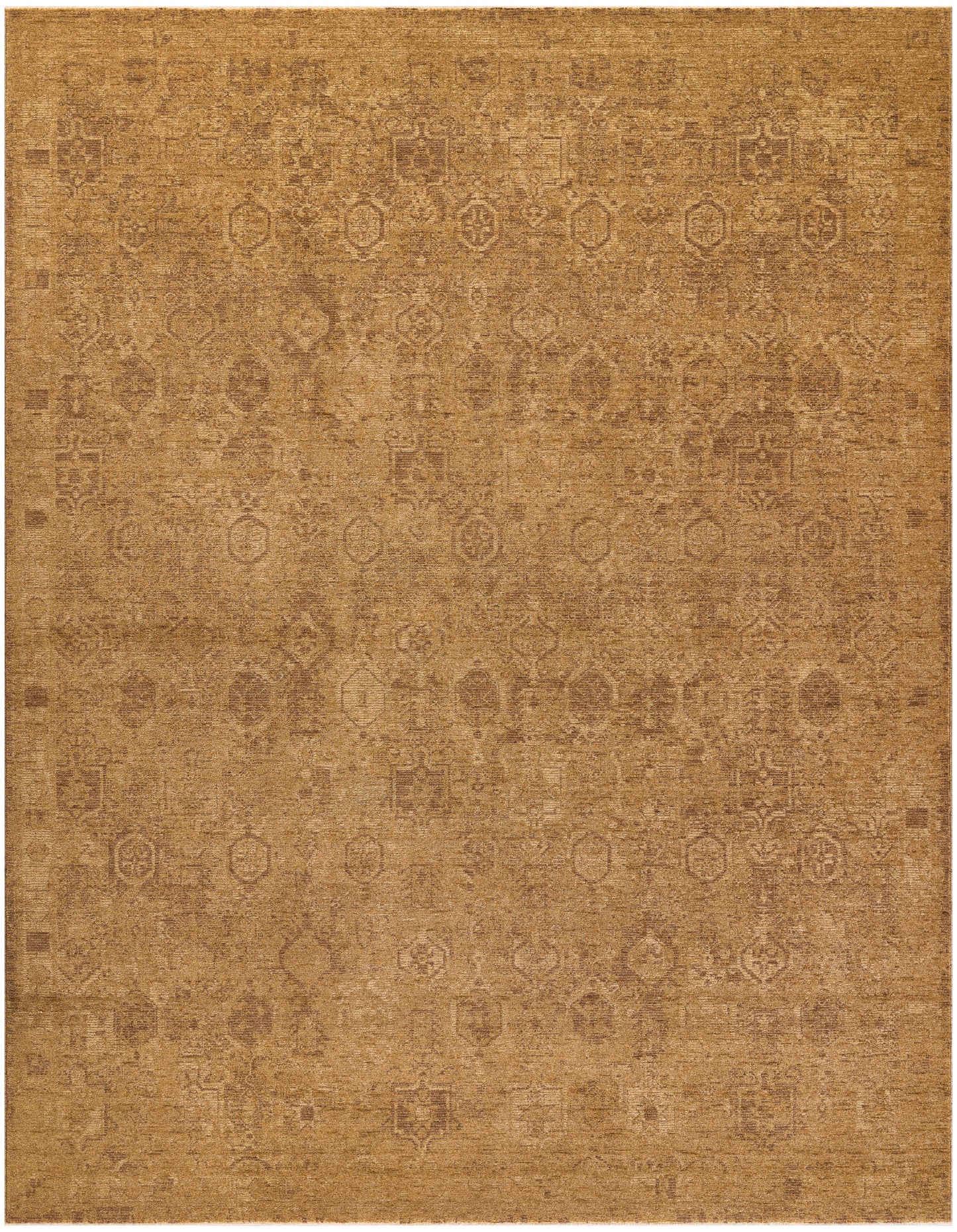 Rectangular distressed gold-brown oriental rug with faded floral medallions; warm earthy tones, vintage style.