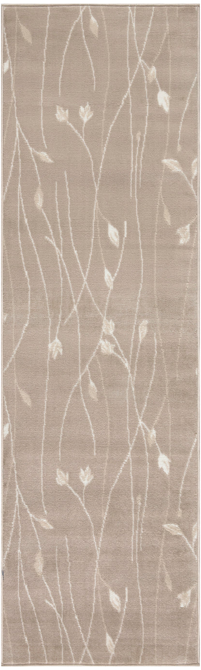 Beige runner rug with white twig botanical pattern and subtle border.