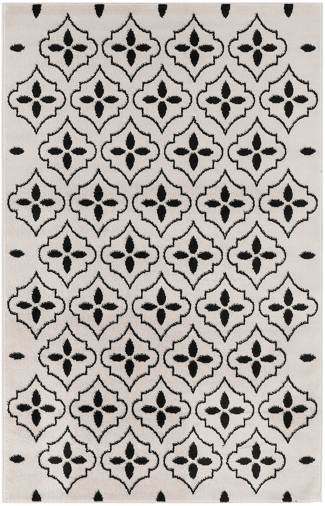 Beige rectangular rug with bold black Moroccan quatrefoil lattice pattern and textured pile; modern, geometric style.