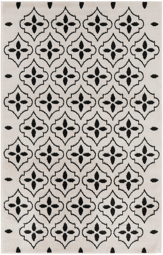 Beige rectangular rug with bold black Moroccan quatrefoil lattice pattern and textured pile; modern, geometric style.