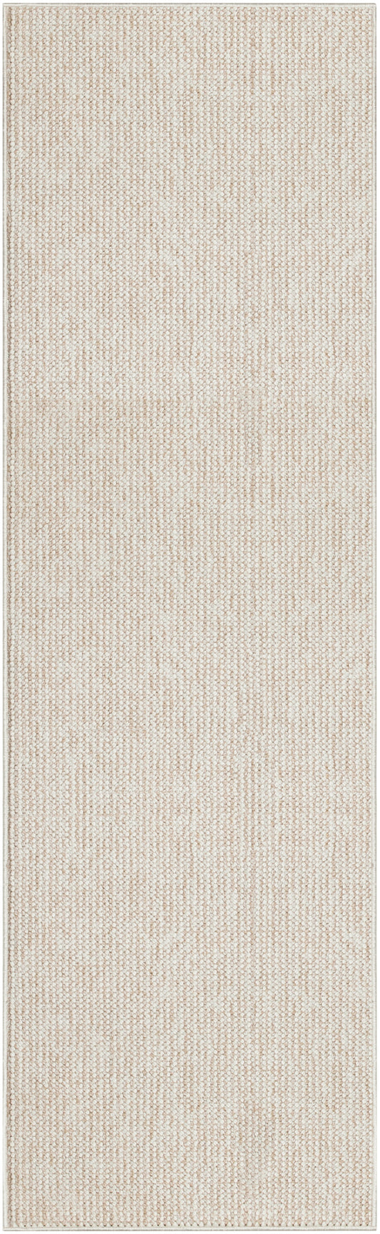 Beige woven runner rug with textured loop pile and subtle border, neutral cream-tan tone.