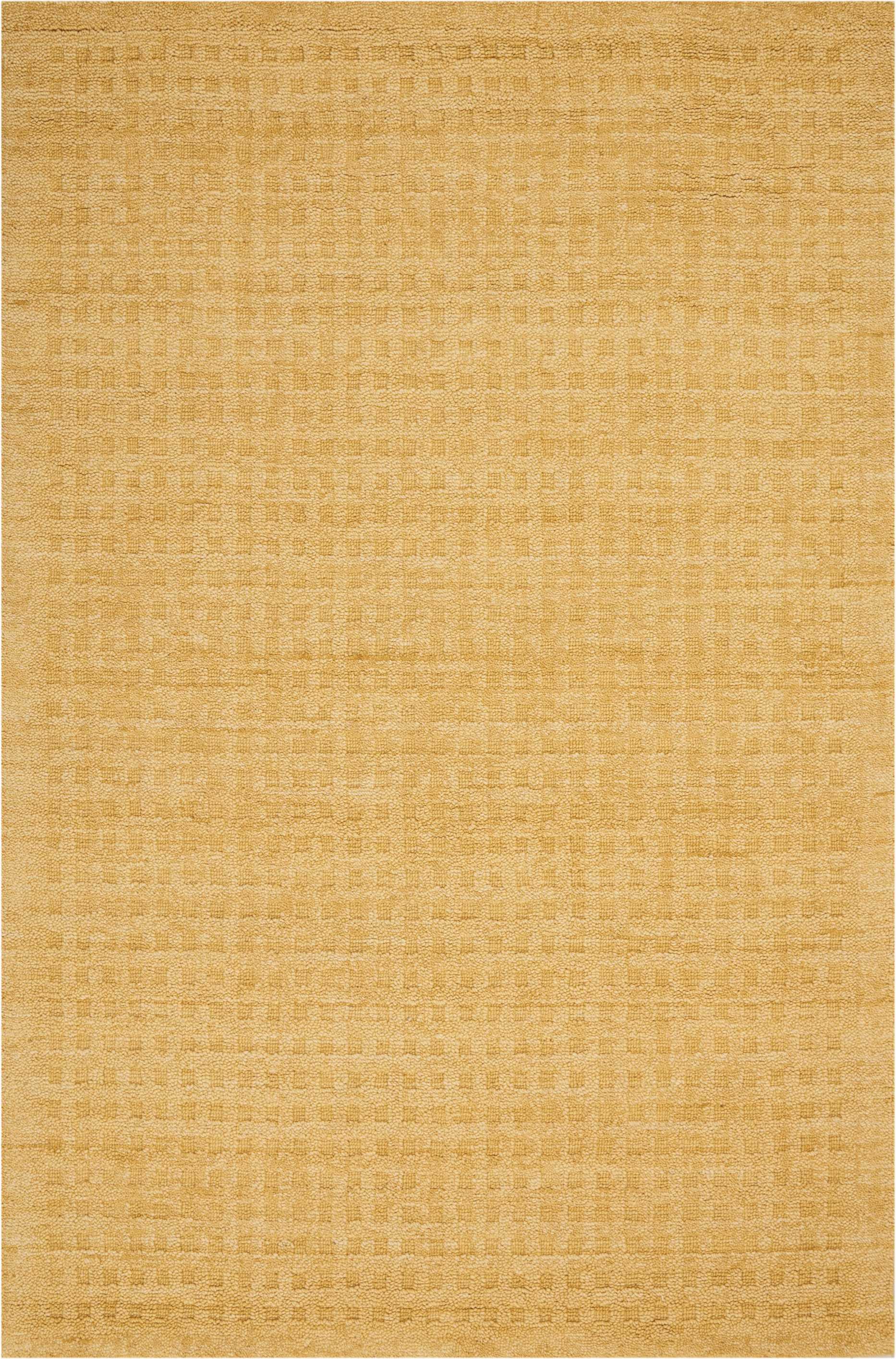 Golden beige rectangular woven area rug with a subtle faint grid pattern and soft textured surface.