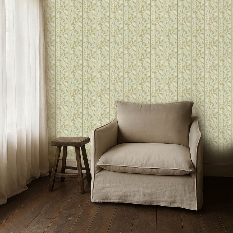 Morris & Co. Peony Trellis Wallpaper in Sage featuring climbing trellises and stylized peony florals in an elegant ogee stripe pattern. Ideal for bedrooms, living rooms, hallways, and traditional or cottage-style interiors.