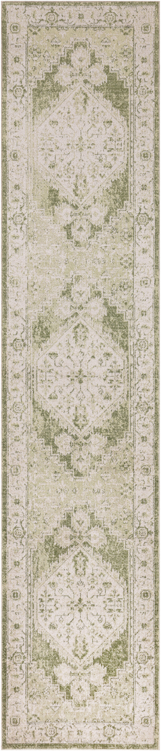 Cream oriental rug runner, long narrow, with sage-green floral medallions and ornate border.
