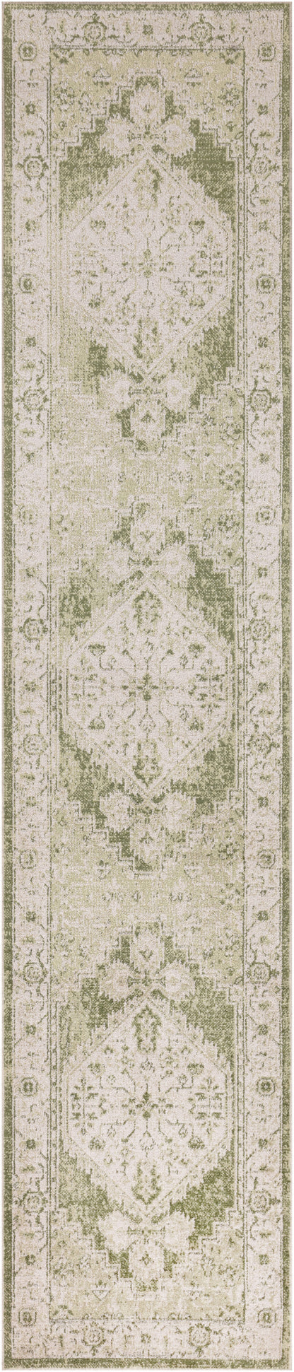 Cream oriental rug runner, long narrow, with sage-green floral medallions and ornate border.