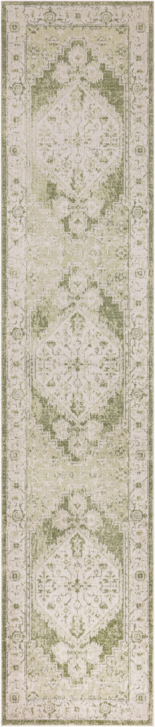 Cream oriental rug runner, long narrow, with sage-green floral medallions and ornate border.