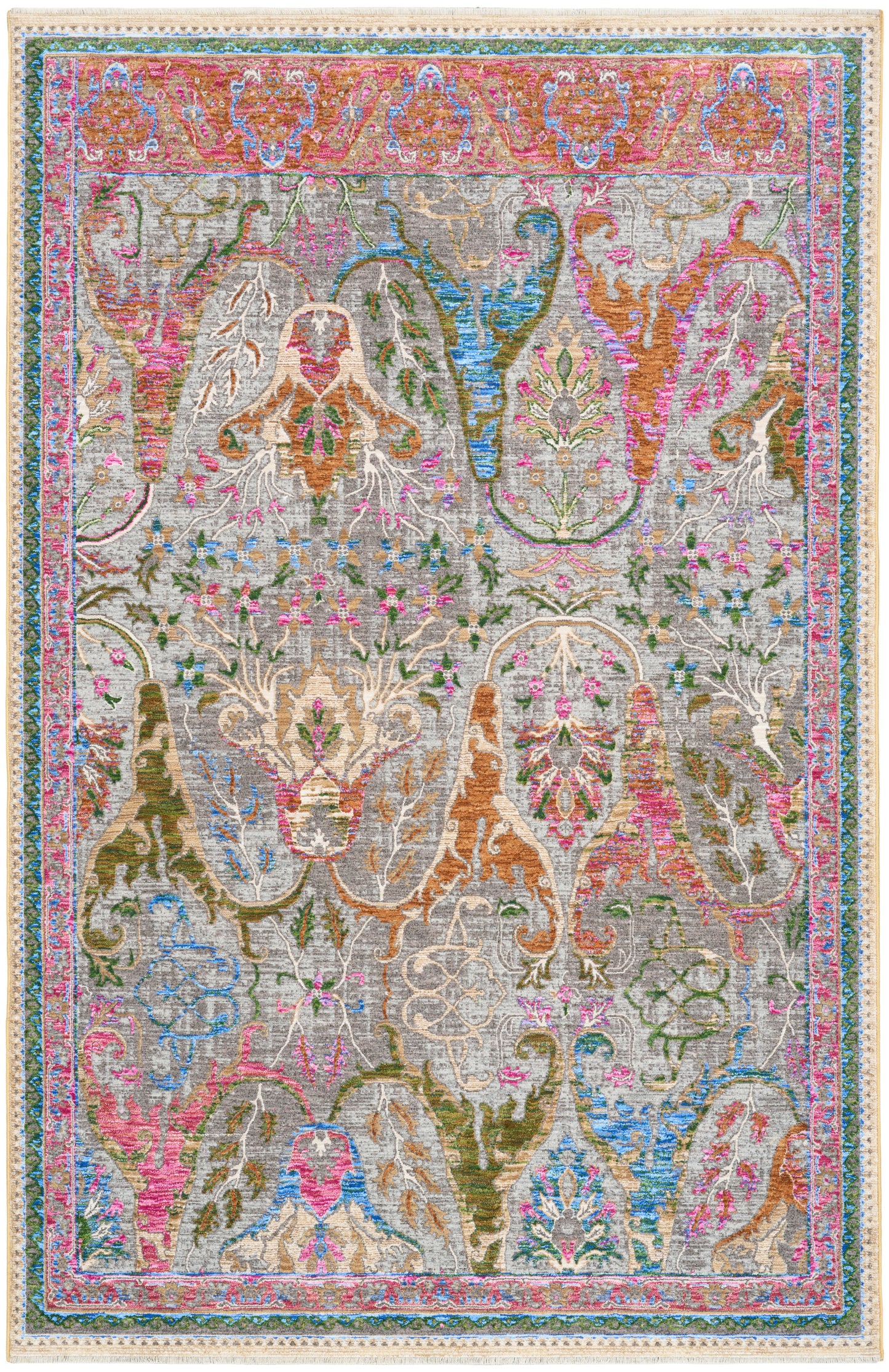 Colorful Persian-style rug with ornate floral vines and medallions in pink, blue, gold on beige, fringed border.