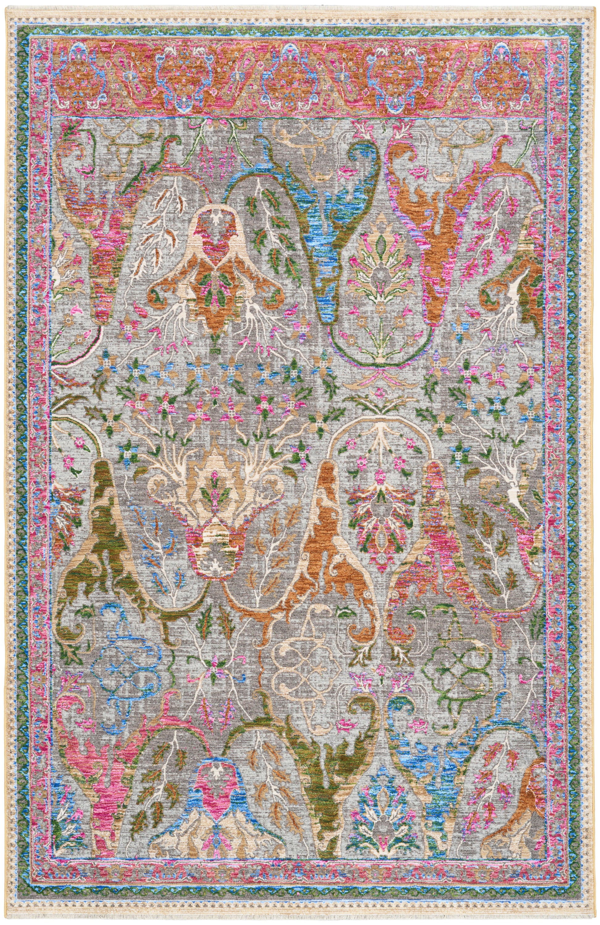 Colorful Persian-style rug with ornate floral vines and medallions in pink, blue, gold on beige, fringed border.