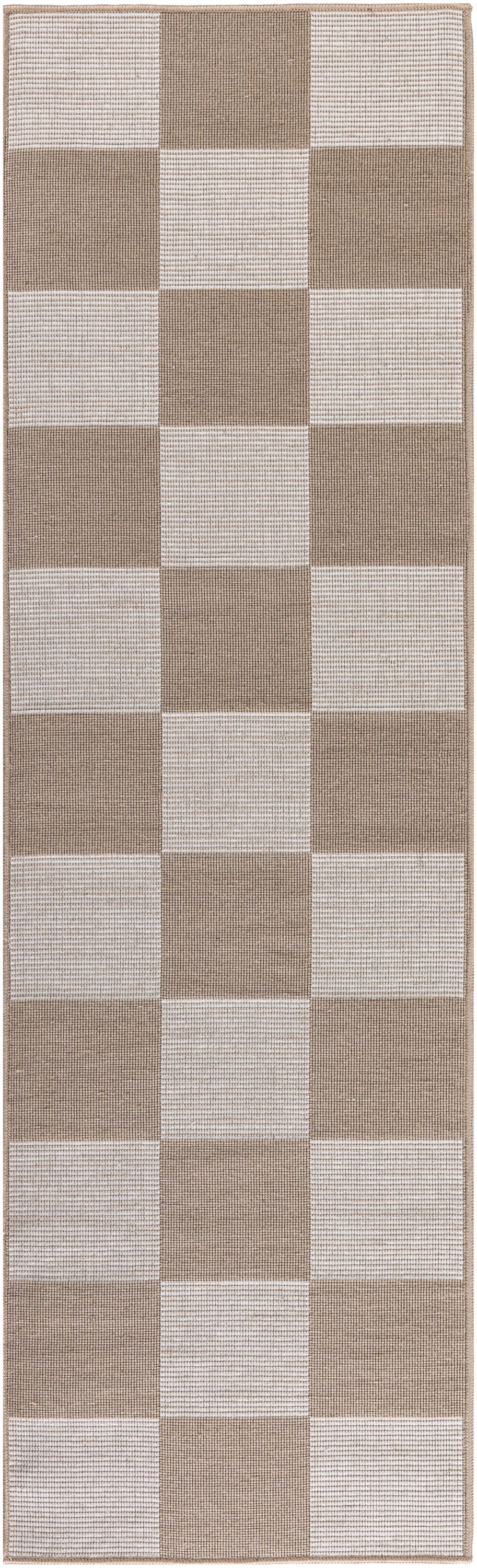 Long beige and taupe checkerboard rug runner with woven texture for hallway or entry.