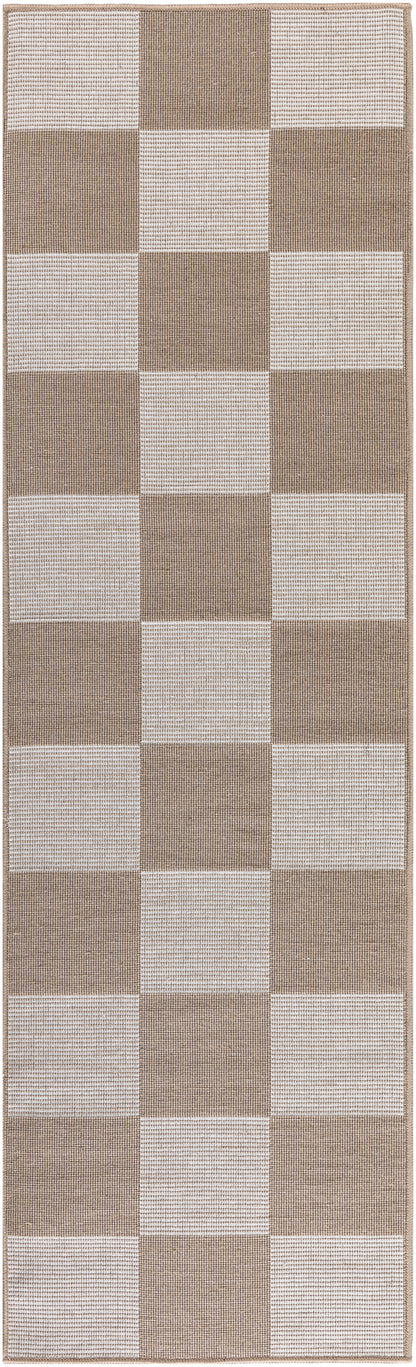 Long beige and taupe checkerboard rug runner with woven texture for hallway or entry.