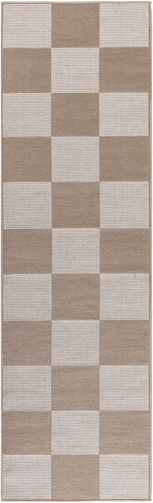 Long beige and taupe checkerboard rug runner with woven texture for hallway or entry.
