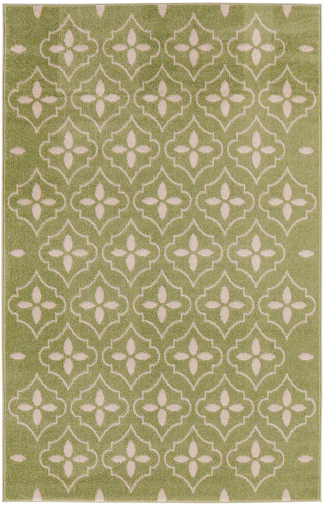 Olive green rug with ivory geometric quatrefoil lattice pattern, medium pile, indoor living space decor.